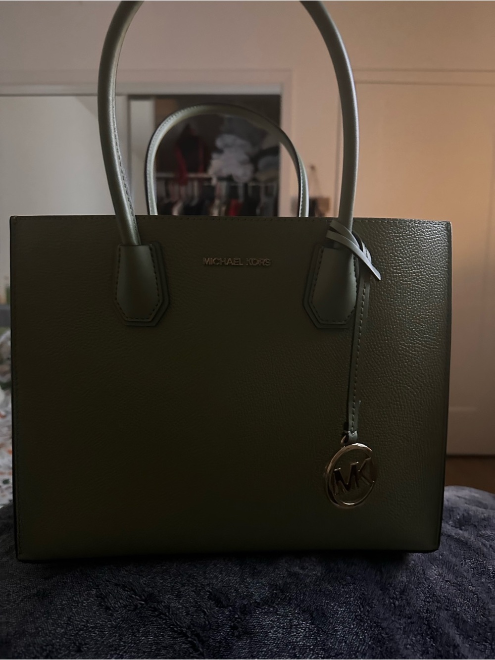Michael Kors Olive Green Pebble Leather Satchel with MK Charm